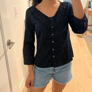 Ann Taylor Blue Ruffled 3/4 Sleeve Blouse